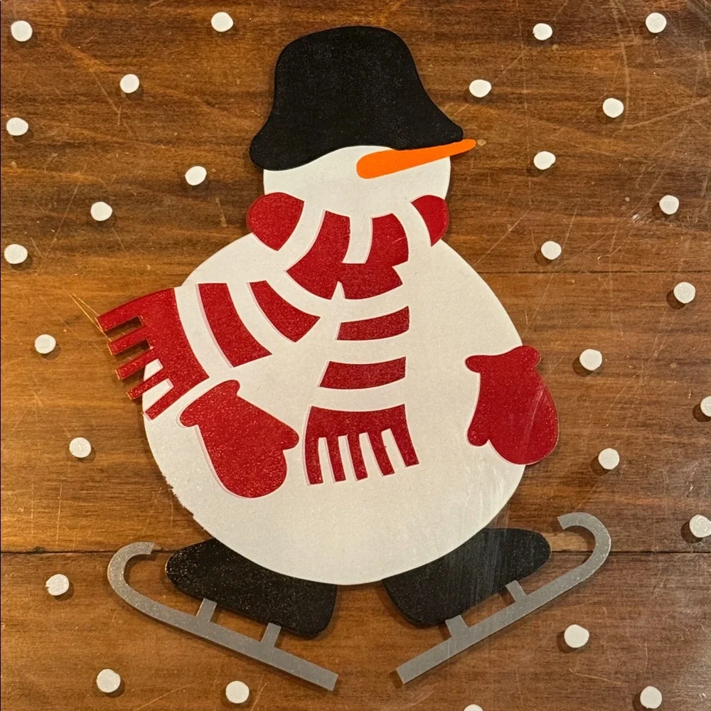 Crate&Barrel Skating Snowman Glass Large Platter Plate 12” Dishwasher Micro Safe